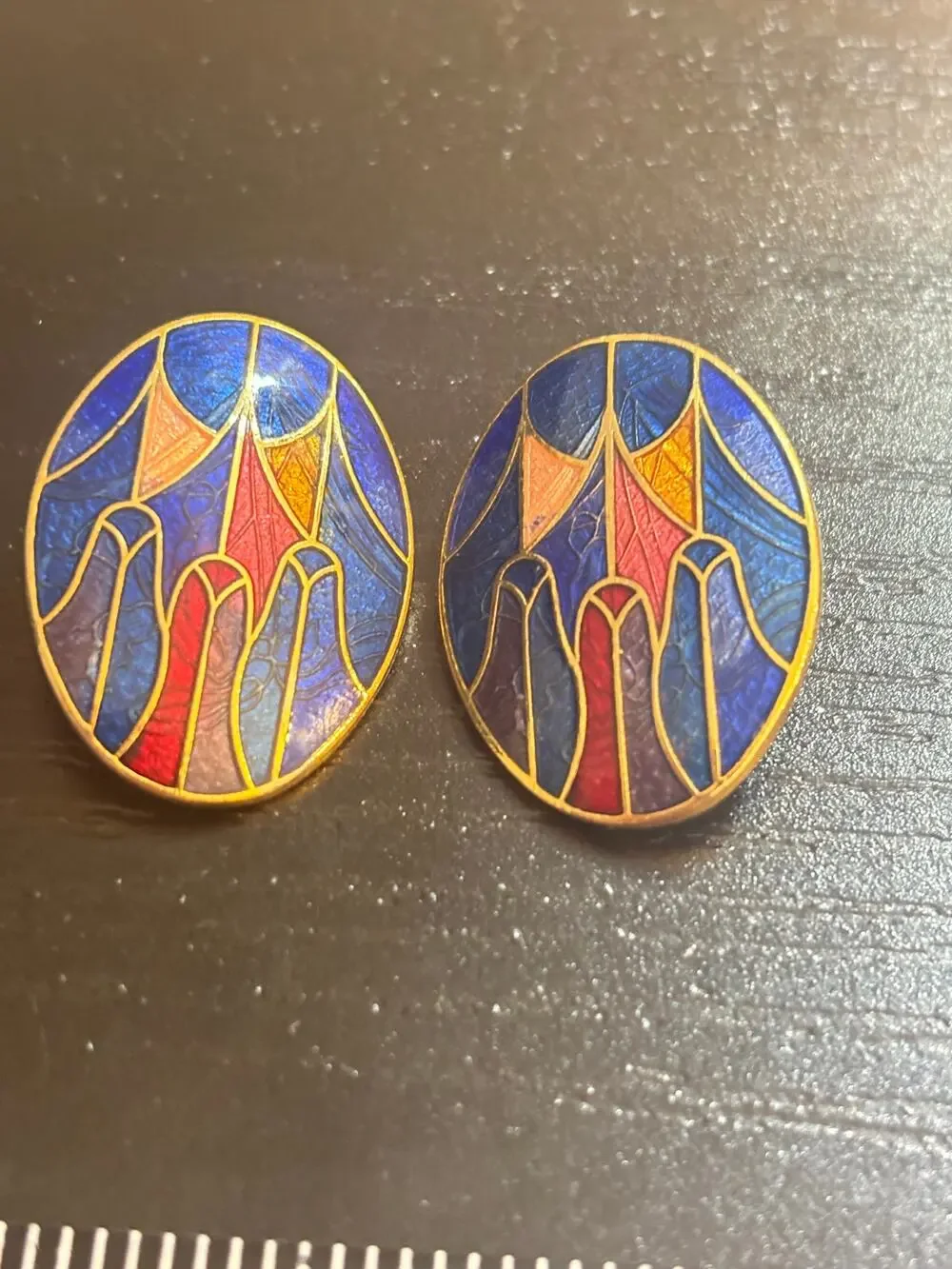 Vintage Cloisonné Enamel Clip Earrings Oval Gold Tone